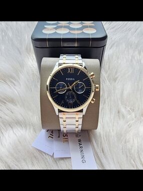 Fossil Original Ne Men Two-Tone Gold & Silver Chronograph Watch with Navy Dial